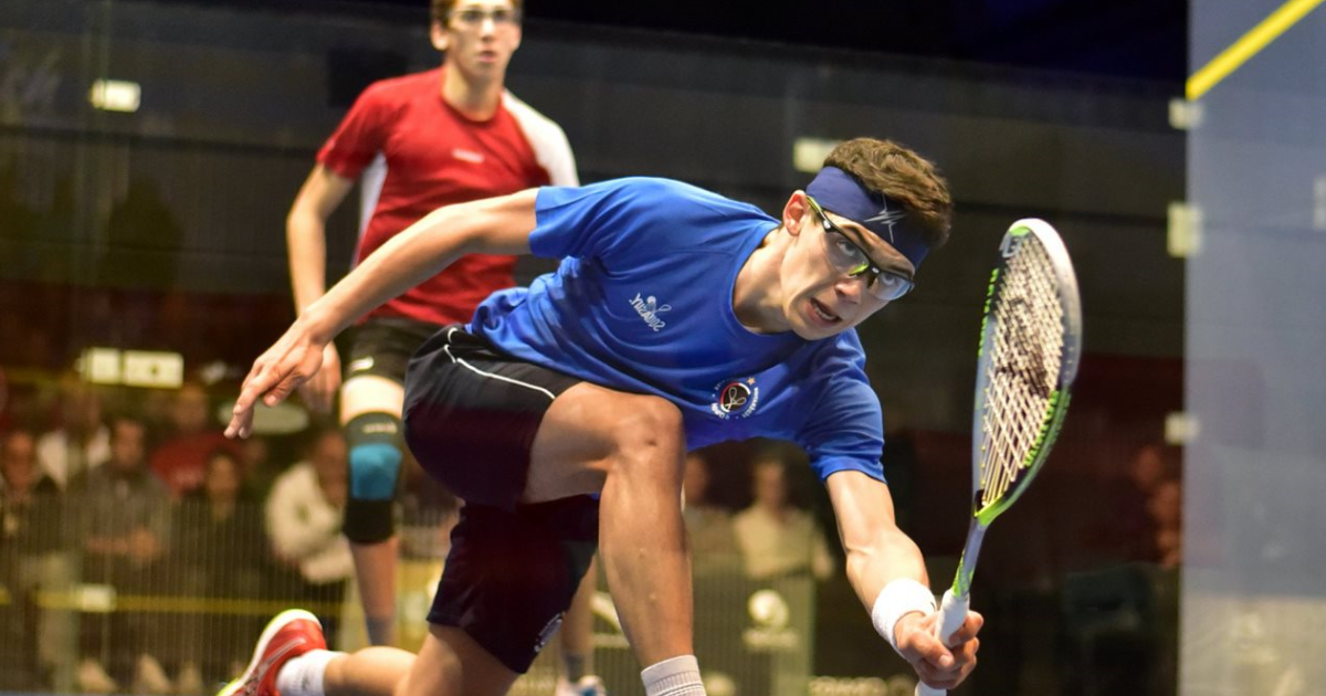 victor crouin wearing Dunlop; eye protection for squash athletes