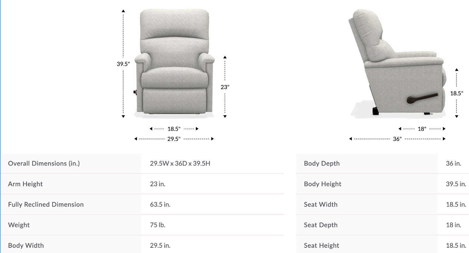 collage recliner dimensions