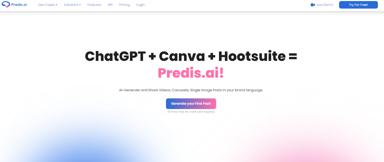 The Predis.ai homepage for the company's AI social media post generator.