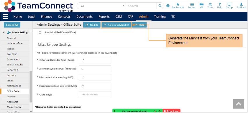 Generate Manifest Screen