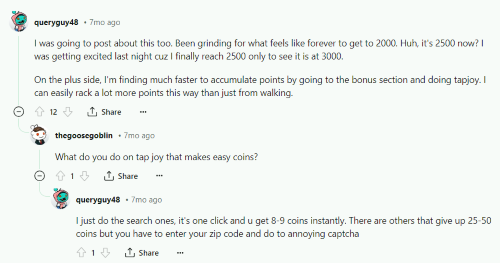 A Reddit discussion where a CashWalk user explains how they use Tapjoy in the app's bonus section to increase their points faster. 