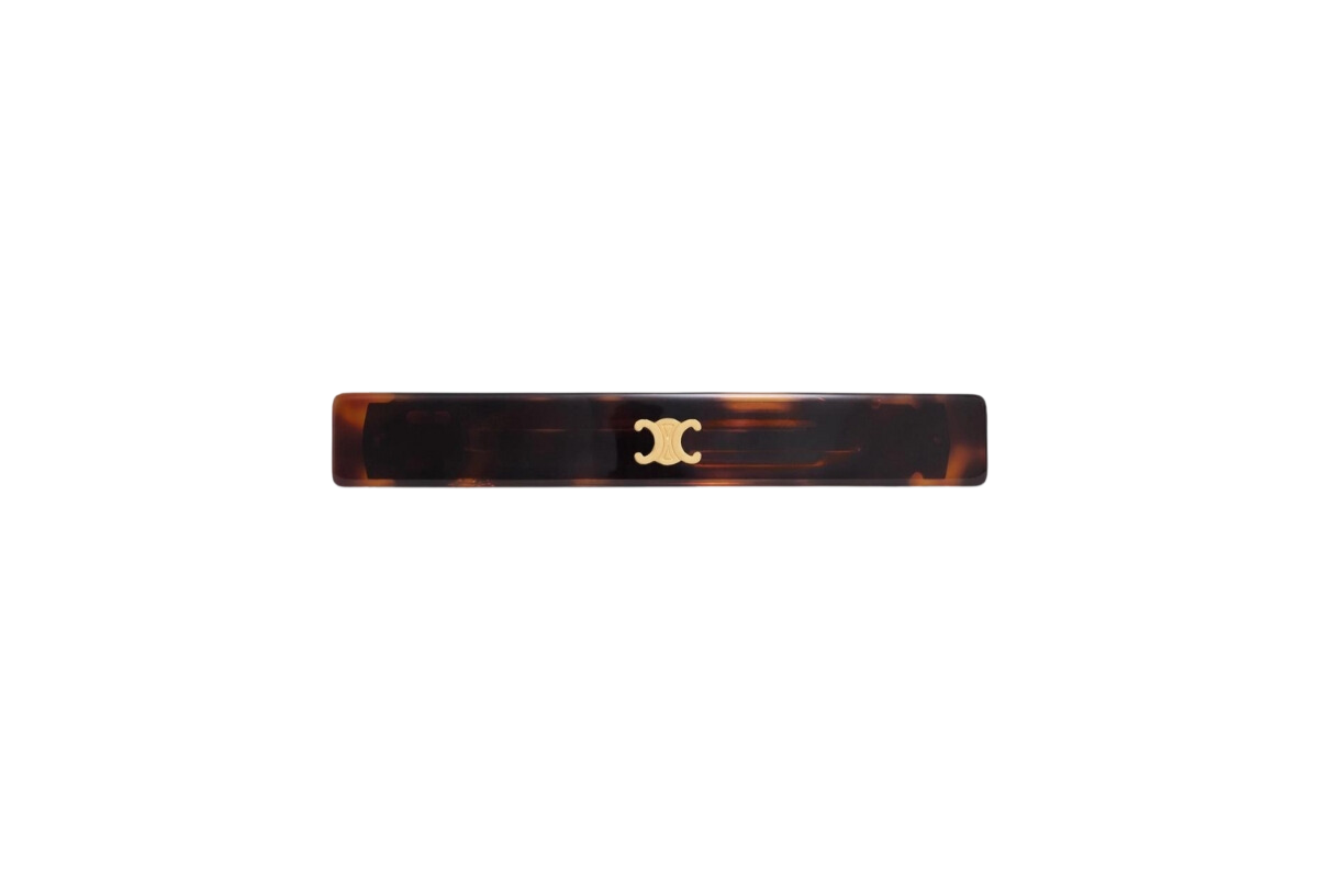 1.Celine Triomphe Hair Clip In Dark Havana Acetate-Brass And Steel With Gold Finish 