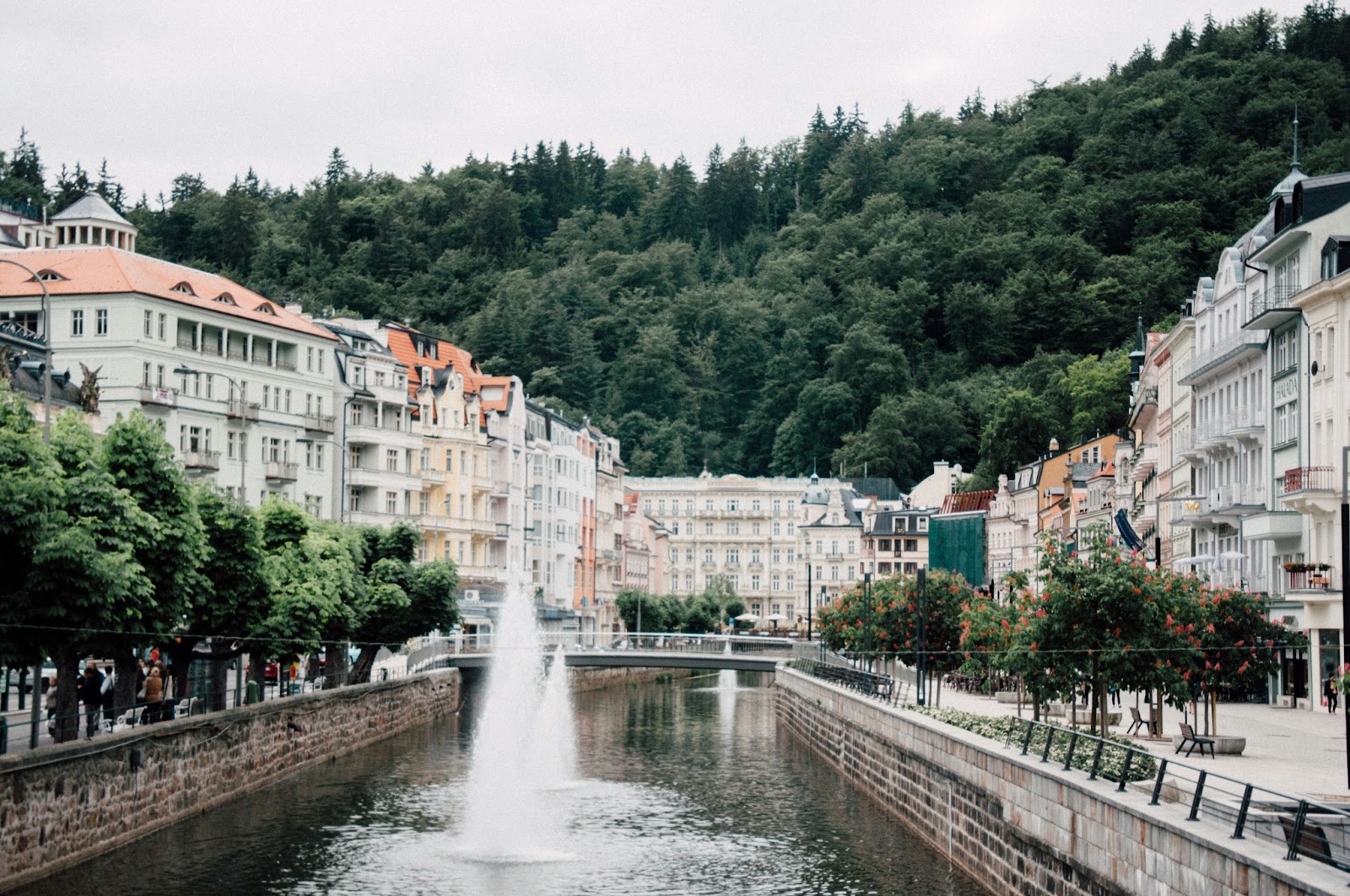 Karlovy Vary spa town with colonnades and thermal springs.