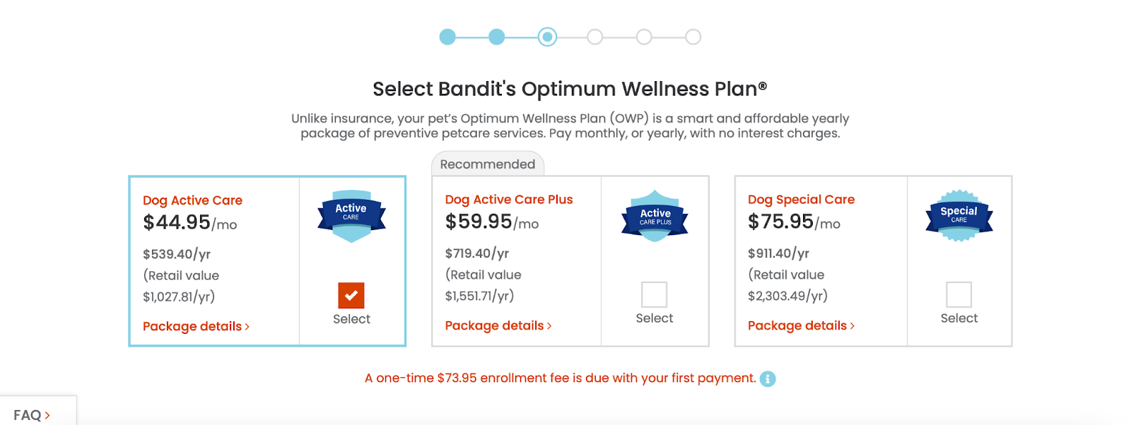 Screenshot of Wellness Plan options from Banfield
