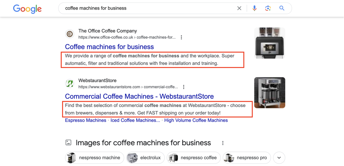 Google search results with optimized meta descriptions