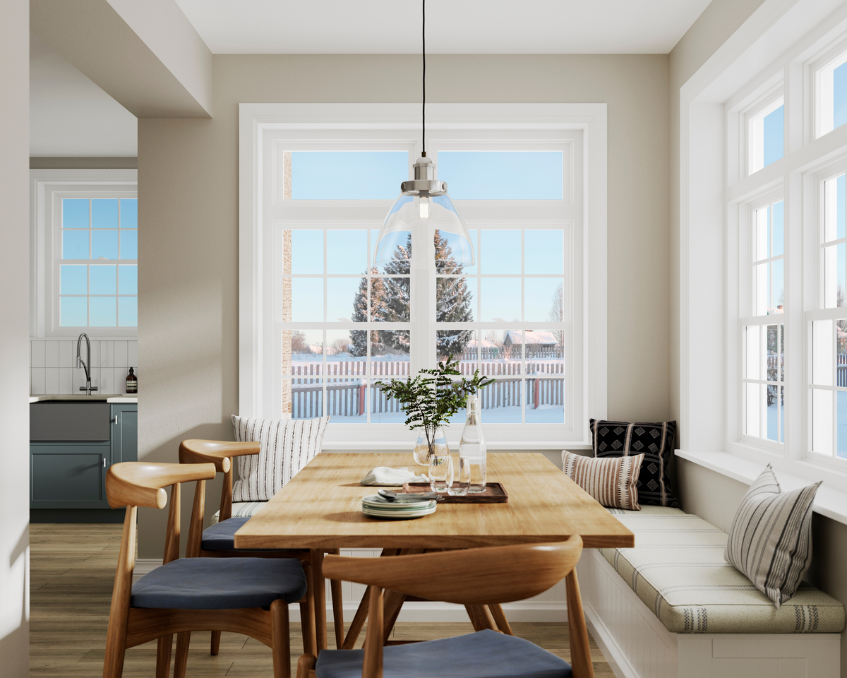 Dining room with snowy views