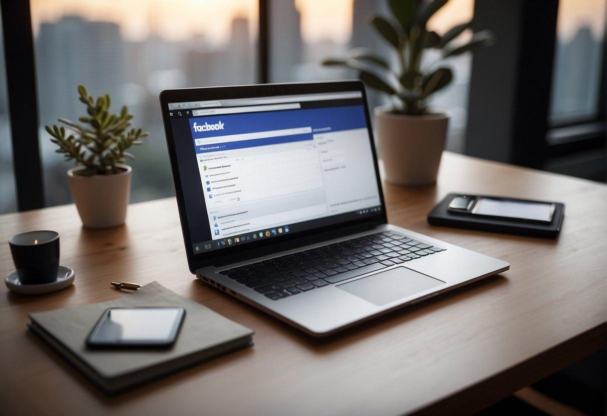 A laptop on a desk with a Facebook ad manager open, showing the process of setting up a new ad campaign. A notepad and pen sit next to the laptop | FintechZoom