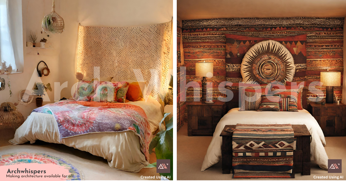 A Tribal Bedroom Featuring Colourful Rug Tapestries on the Wall
