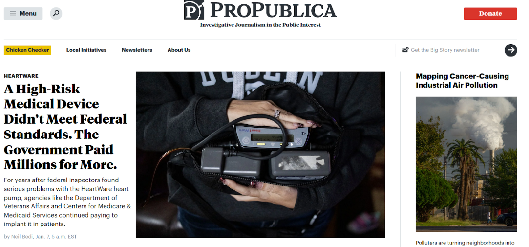 Screenshot della pagina web di ProPublica