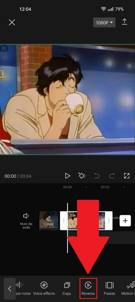 Alt=CapCut mobile screenshot with the big red arrow pointing at the Reverse button