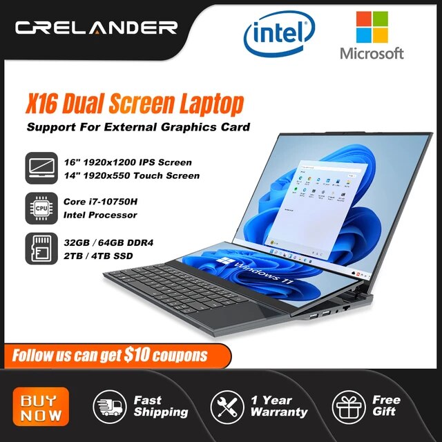 CRELANDER Dual Screen Laptop 16.1 Inch + 14.1 Inch Touch Screen Core i7  10750H Processor Gaming Laptop Notebook Computer - AliExpress