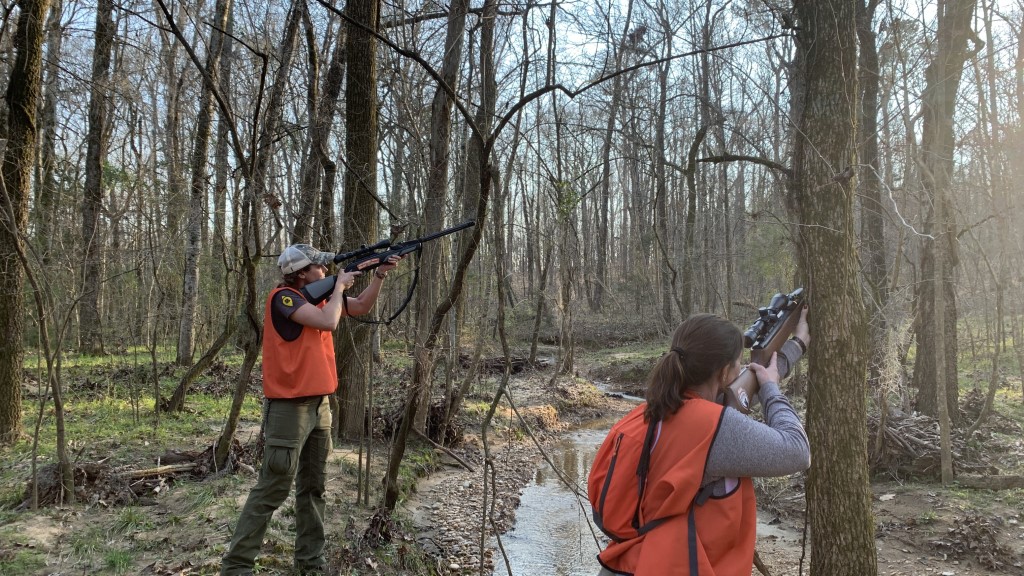 two shooters taking aim at squirrels in the tree line 