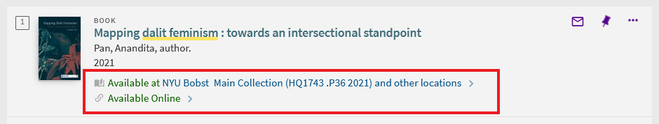 Screenshot of a search result entry for the book "Mapping dalit feminism." A red box underneath the title highlights that the book is available at NYU Bobst Main Collection and is available Online.