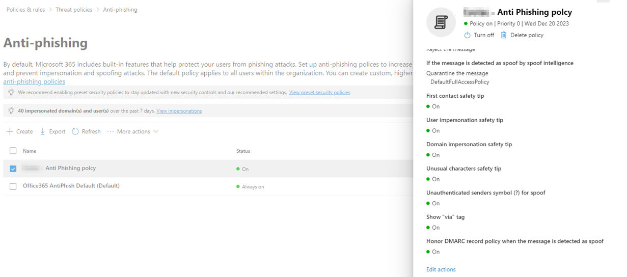 Microsoft Defender: anti-phishing policy