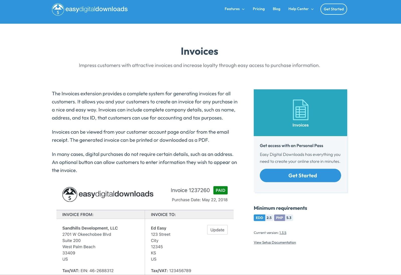 Wordpress invoicing plugins, The Easy Digital Downloads Invoices extension page