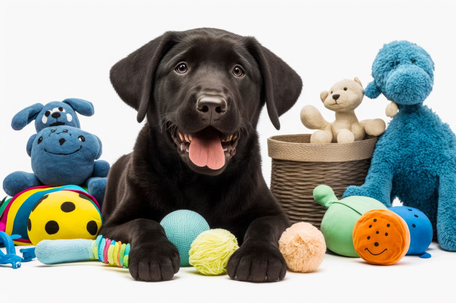Large black dog laying next to basket of stuffed animals and toys. 