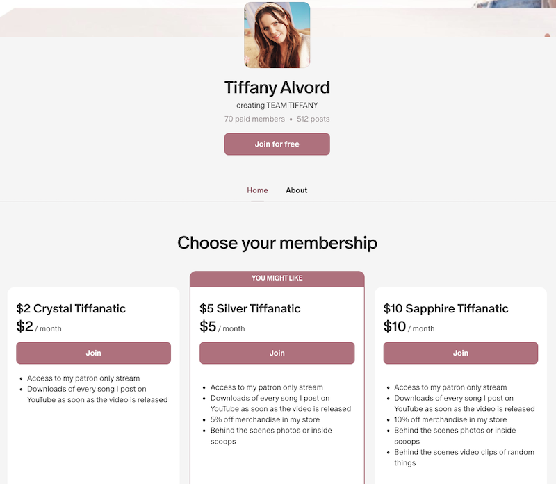 Screenshot of singer Tiffany Alvord’s Patreon account, where you can buy access to behind the scenes photos or inside scoops, downloads of every song, and more. 