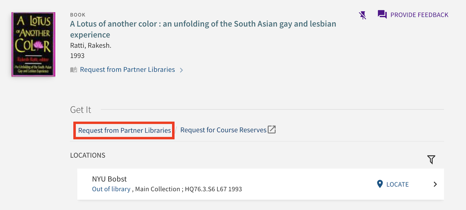 Item record display for the book "A Lotus of Another Color", with the link "Request from Partner Libraries" in the "Get It" section highlighted with a red box. 