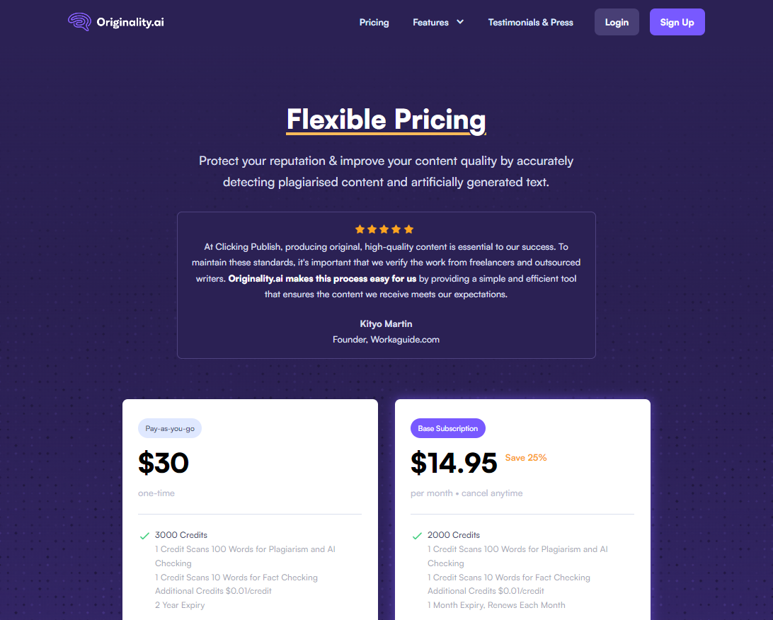 The pricing plans for Originality.ai.