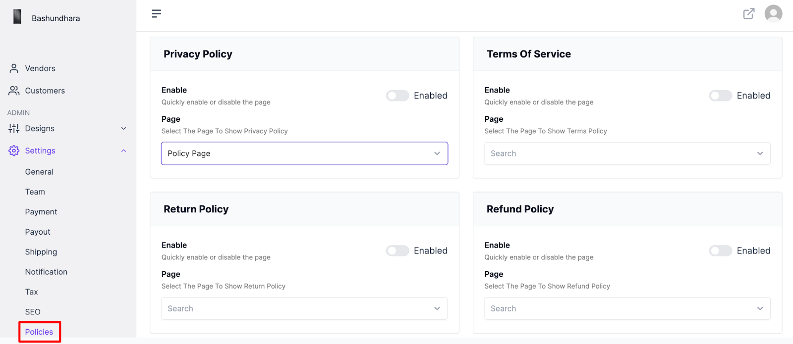 A screenshot to store policy settings