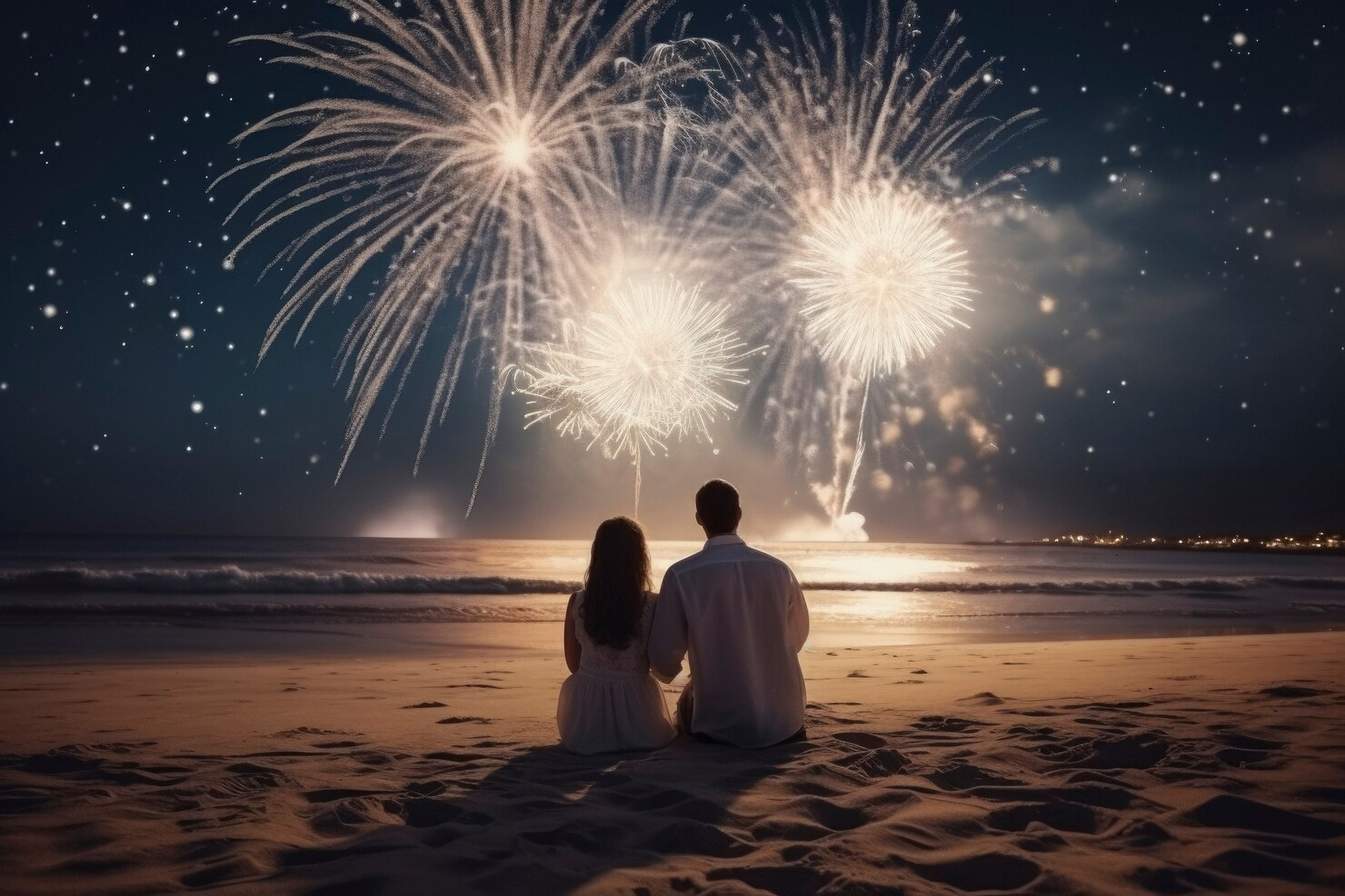 A couple watching New Year fireworks on a beach.
