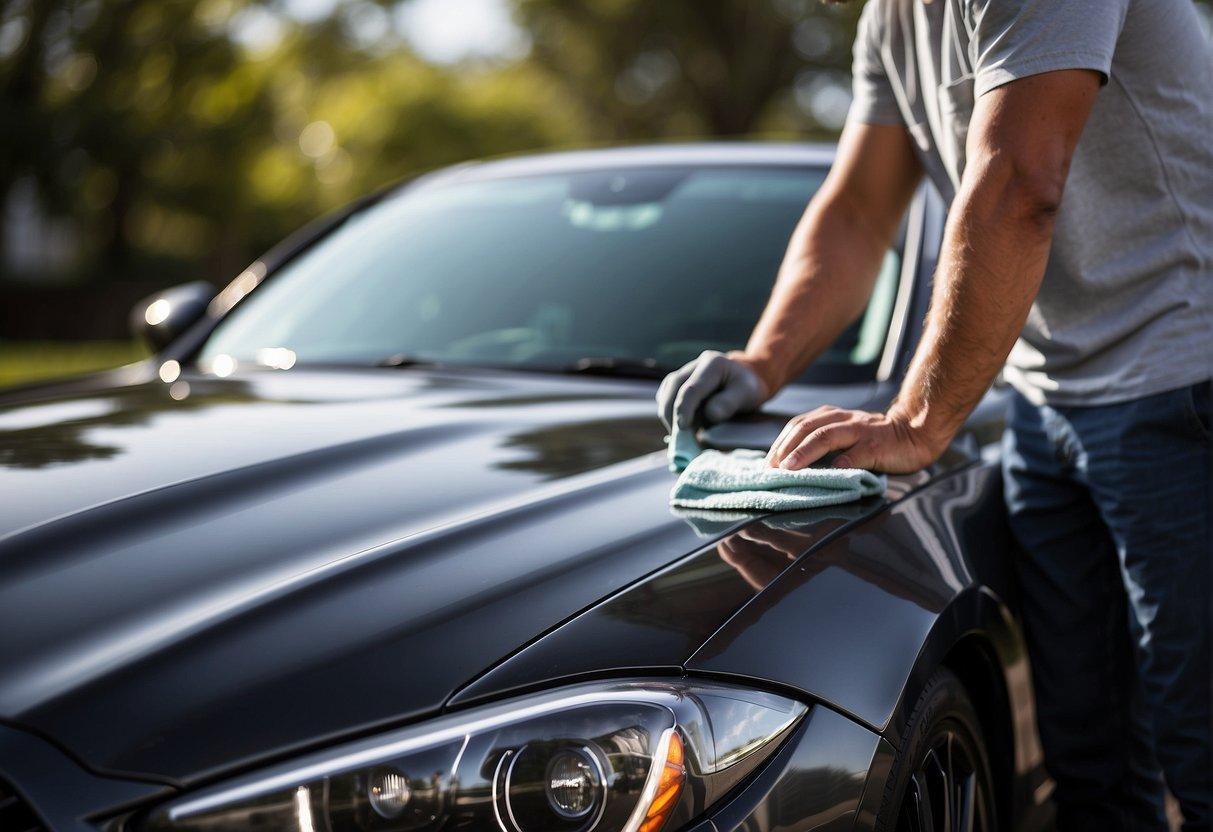 A mobile detailer applies ceramic coating to a car's surface, replacing traditional sealants and waxes. The coating creates a protective layer, enhancing the vehicle's shine and durability