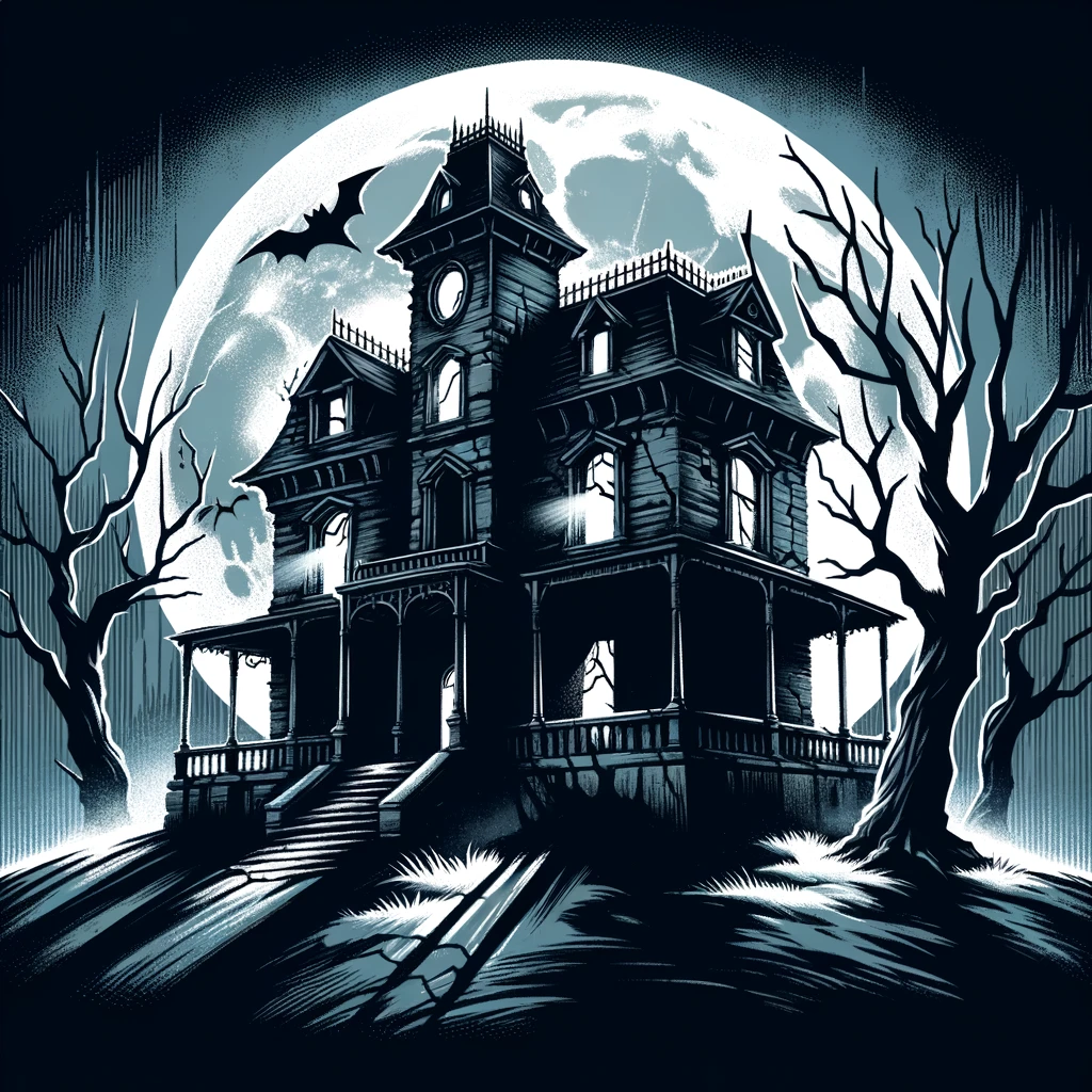 Illustration of an old, haunted mansion perched on a hill. The mansion is decrepit with broken windows and an eerie aura. The full moon casts a luminous glow, illuminating the mansion and the surrounding barren trees. Shadows seem to flicker and dance across the walls, suggesting the presence of ghostly apparitions. Mist rises from the ground, adding to the haunting atmosphere.