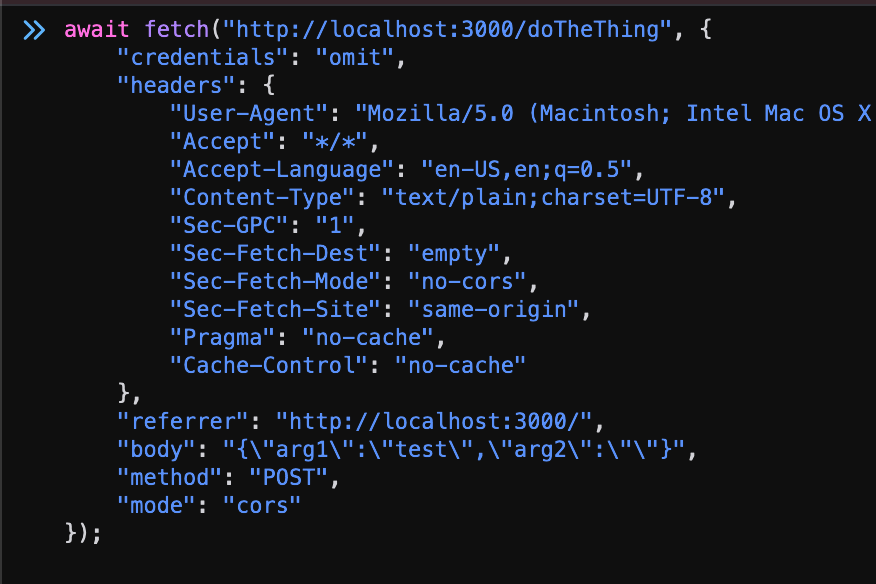 Close-up of the JavaScript console with the fetch request pasted in, which has the URL, and options specificed for the selected request.