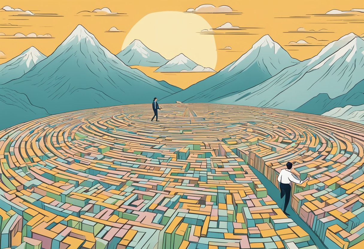 Sellers struggle with legal hurdles. Illustrate a seller facing a mountain of paperwork and a maze of regulations