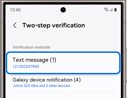 Text message tab highlighted on the Two-step verification screen