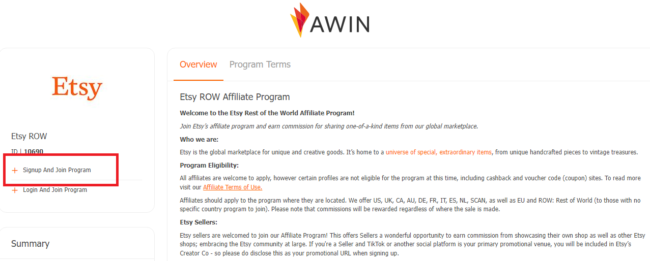 sign up for etsy affiliate progra by Creating an Awin Account