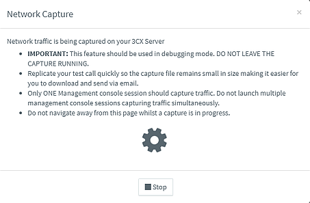 Захват трафика в интерфейсе управления 3CX Нажмите кнопку "Capture", чтобы начать захват. Wireshark в Windows и tcpdump в Linux начнут захват трафика на сервере 3CX.