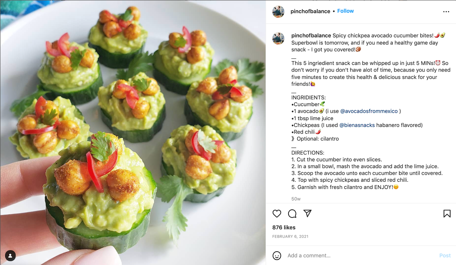 Screenshot of instagram post featuring spicy chickpea avocado cucumber bites