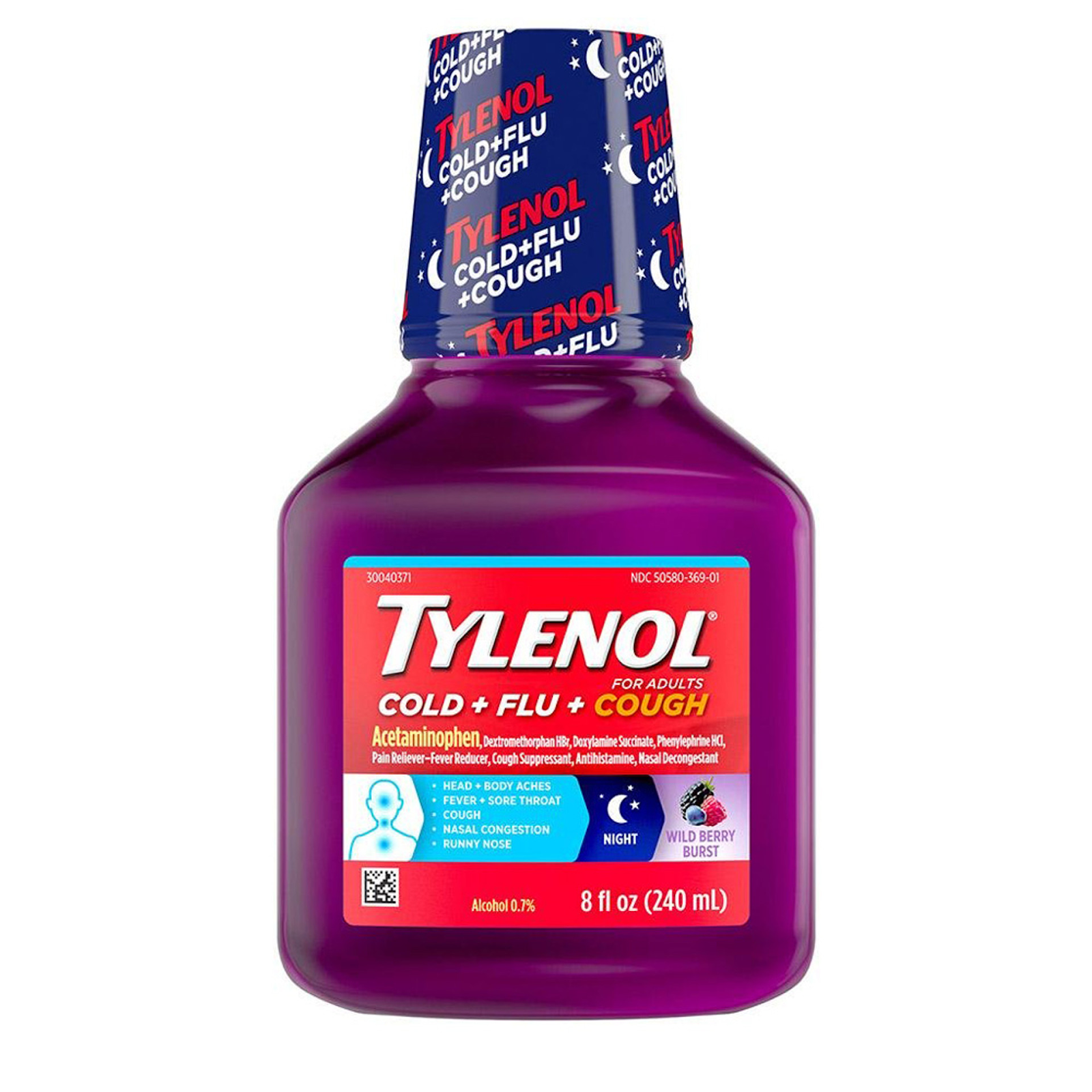 Tylenol Cold + Flu + Cough for Adults, Night Wild Berry Burst - 8 oz