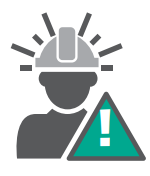 A person wearing a hard hat and a warning sign

Description automatically generated