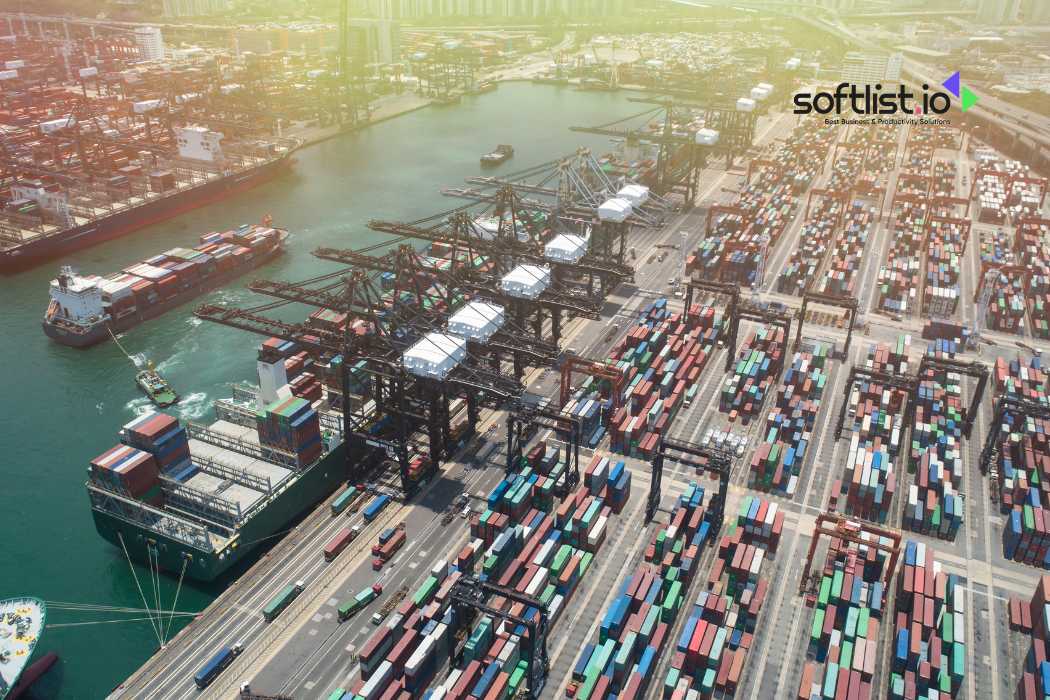 Aerial view of a busy container port with ships and cranes