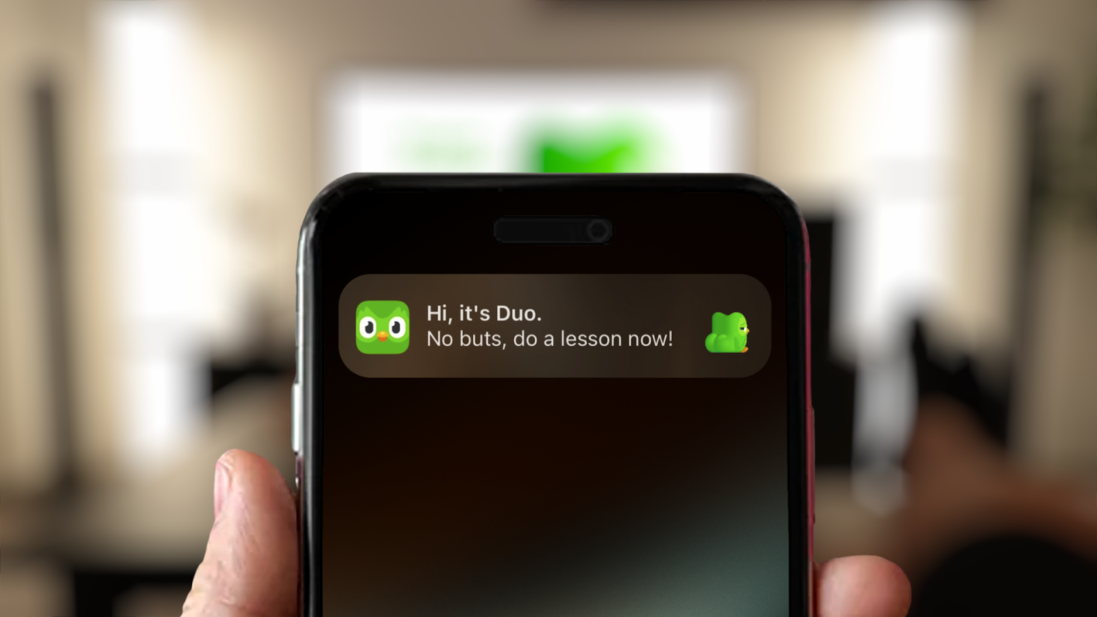 An image of an iPhone with a Duolingo push notification on the screen. It says "Hi, it's Duo. No buts... do a lesson now!" It includes a photo of Duo's butt.