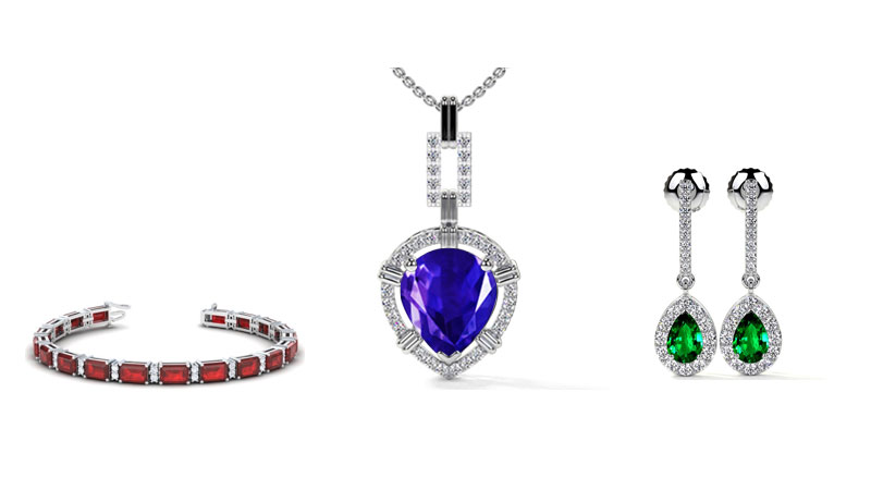 a collage of tanzanite pendant, ruby tennis bracelet, emerald Earrings