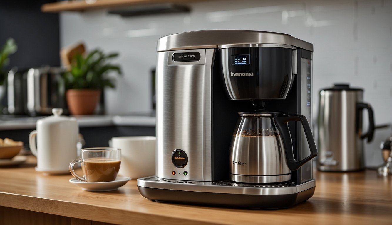 A silver Tramontina 220v express coffee maker with voltage and power indicators