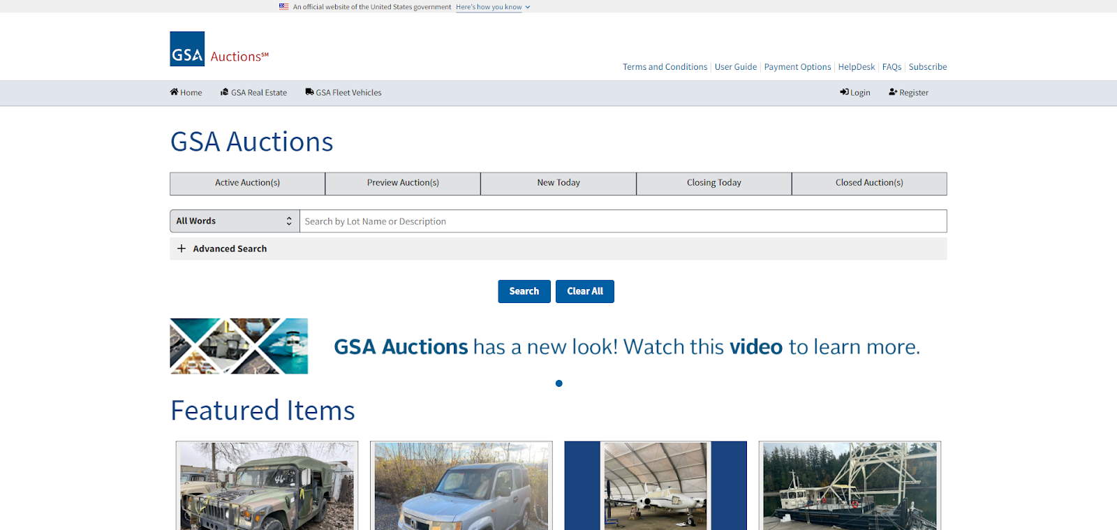 A screenshot of GSA Auctions' website