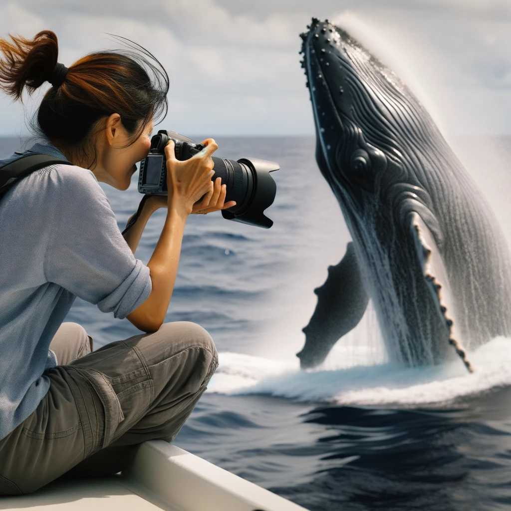 A woman photographing a breaching whale from a yacht near Los Cabos.