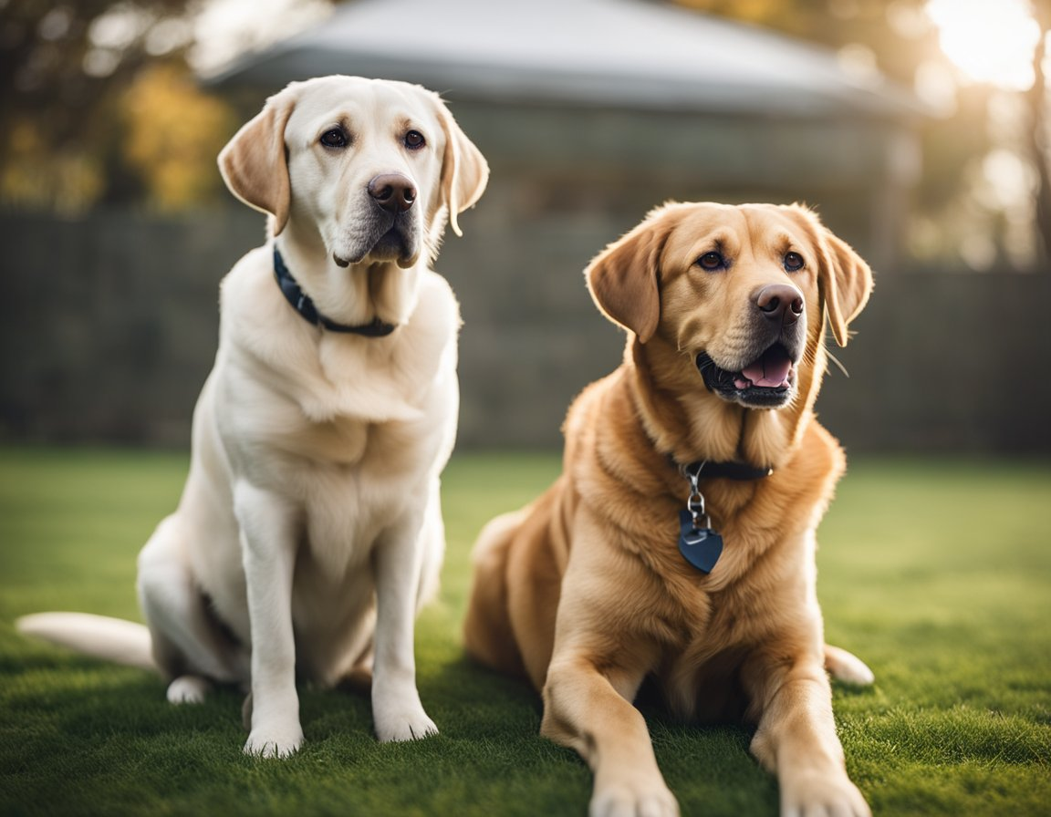two labrador retriever with different fur color sitting on a field of grass