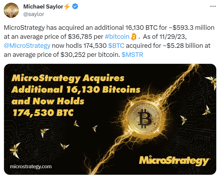 Tweet from Michael Saylor outlining MicroStrategy’s most recent BTC purchase