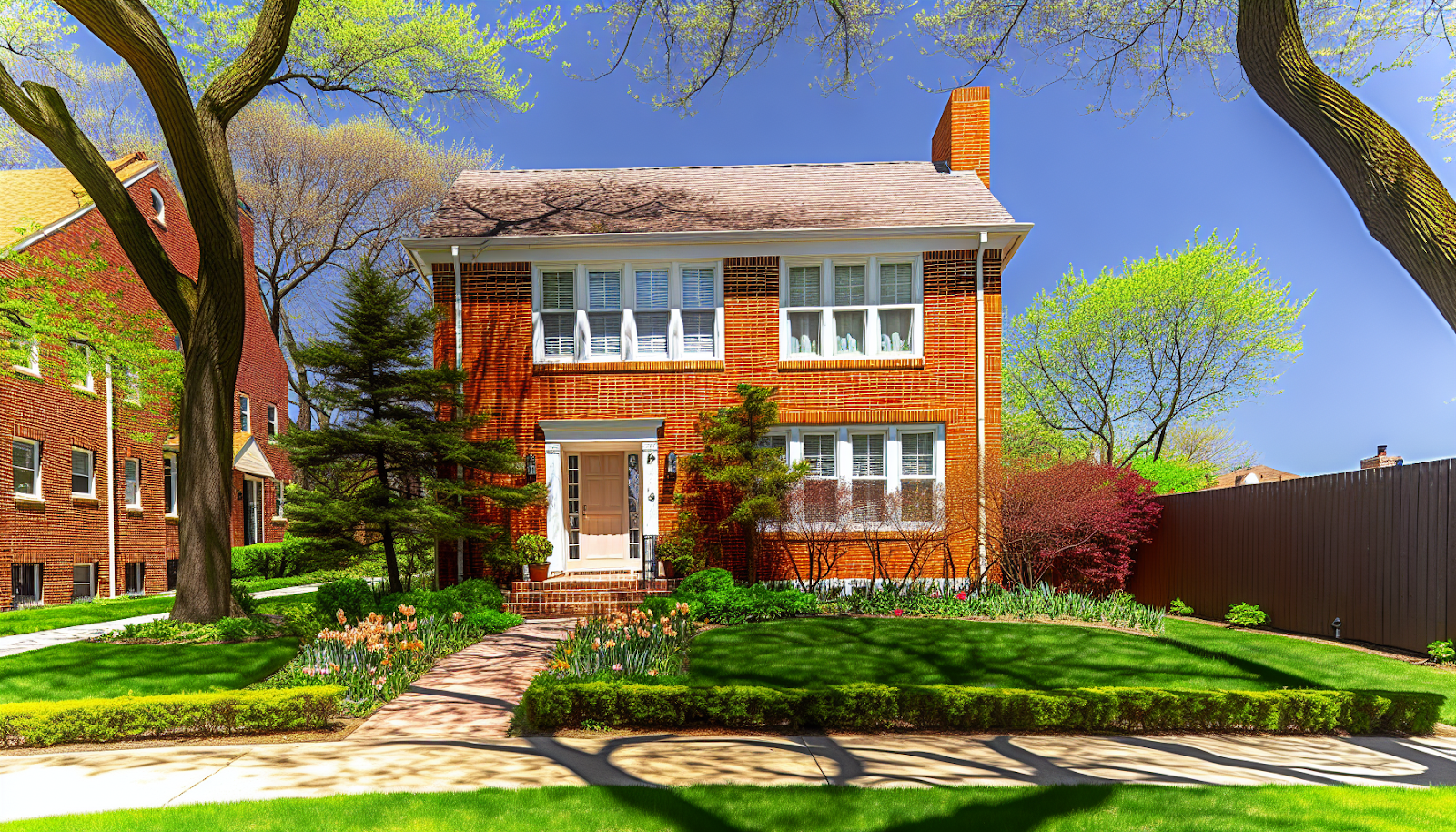 Beautiful brick house with a well-manicured front lawn and colorful garden beds, highlighting the aesthetic and low-maintenance benefits of brick homes.