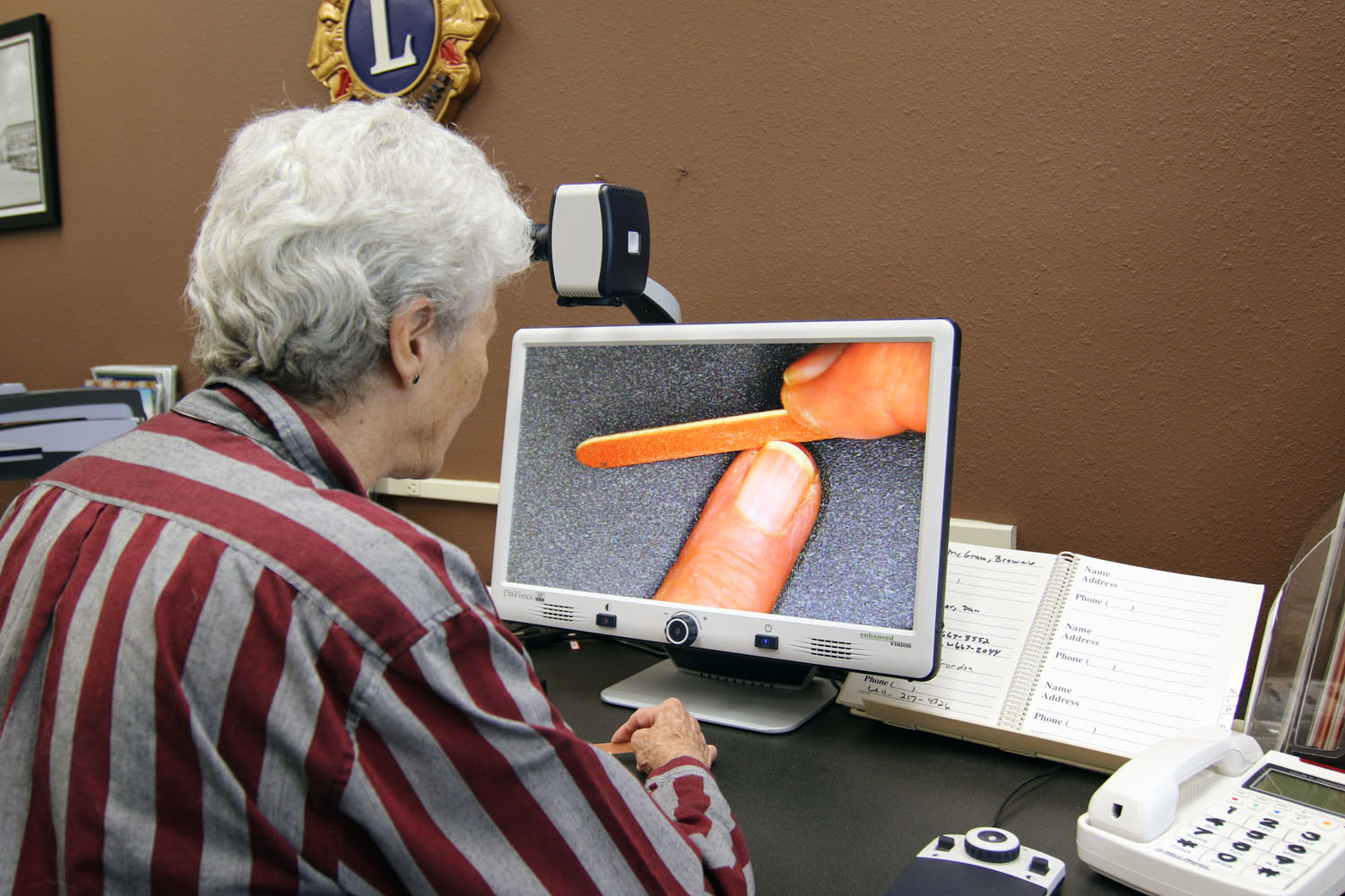 One woman in front of a computer with low vision technology on the screen