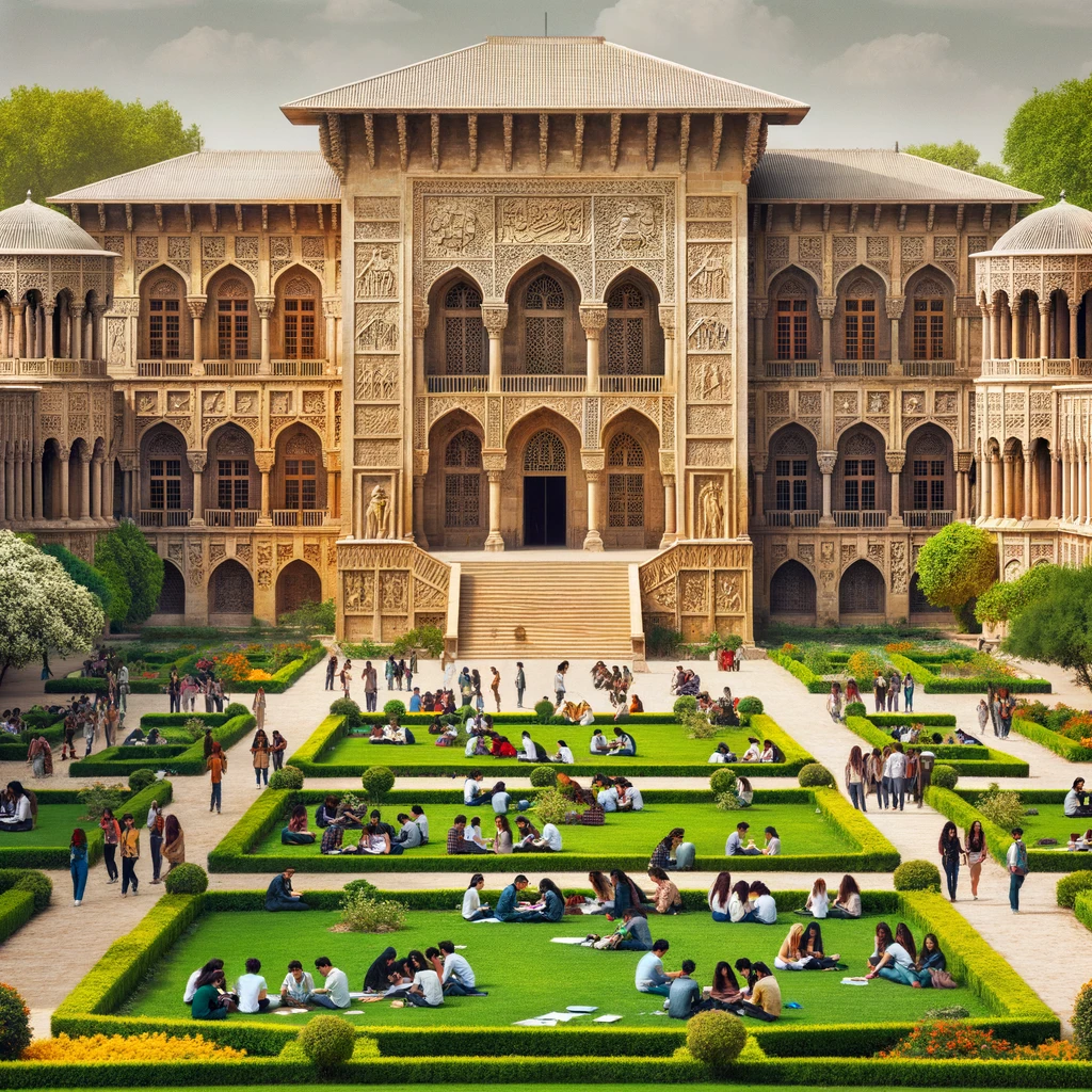 Photo of a vast university campus showcasing ancient architectural designs. Stone buildings with intricate carvings stand majestically amidst sprawling lawns. Lush gardens with blooming flowers add to the serene ambiance. Students of diverse genders and ethnicities are gathered in small groups, engaged in discussions, studying, or simply enjoying the surroundings.