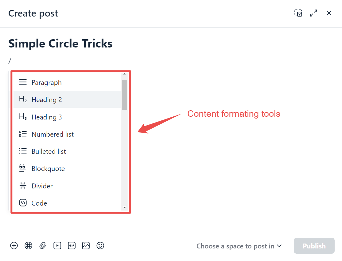 the slash / command in Circle editor
