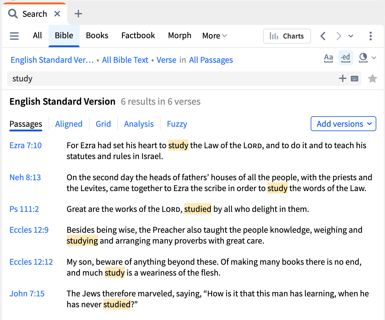 A screenshot of a search for study in the Logos Bible study app. 
