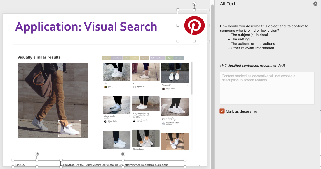 This is a screenshot of a PowerPoint slide and the Alt Text Panel. On the left, there is a PowerPoint slide with a few pictures from Pinterest. On the right is the "Alt Text" pane. In the pane, the "Mark as decorative" is selected.