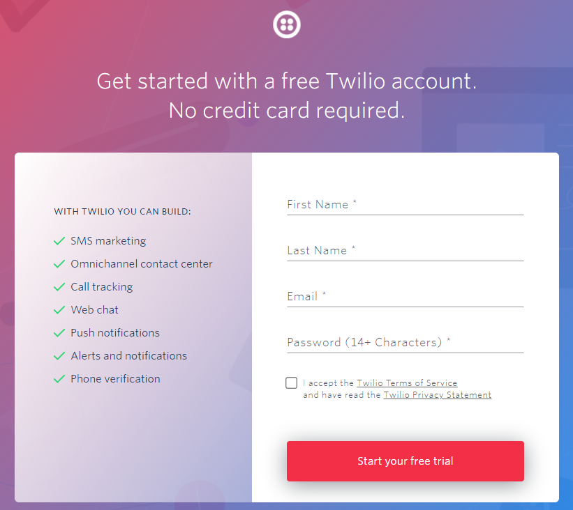A sign-up form for Twilio